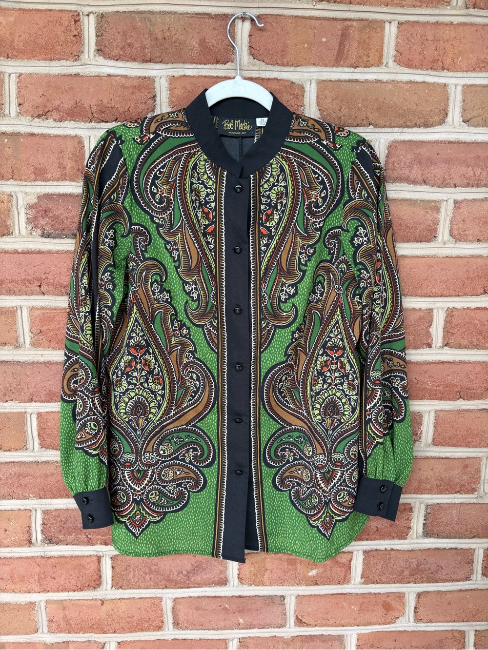 Bob Mackie Green Paisley Print Button-Down Shirt with Black Trim